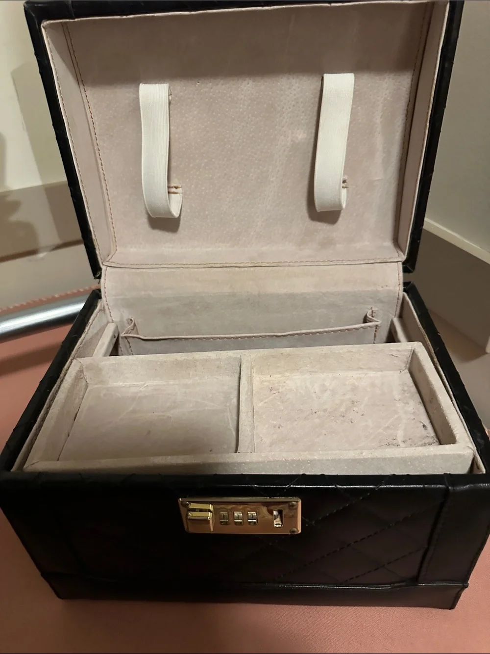 Quilted Black Leather Train Case with Gold Hardware
